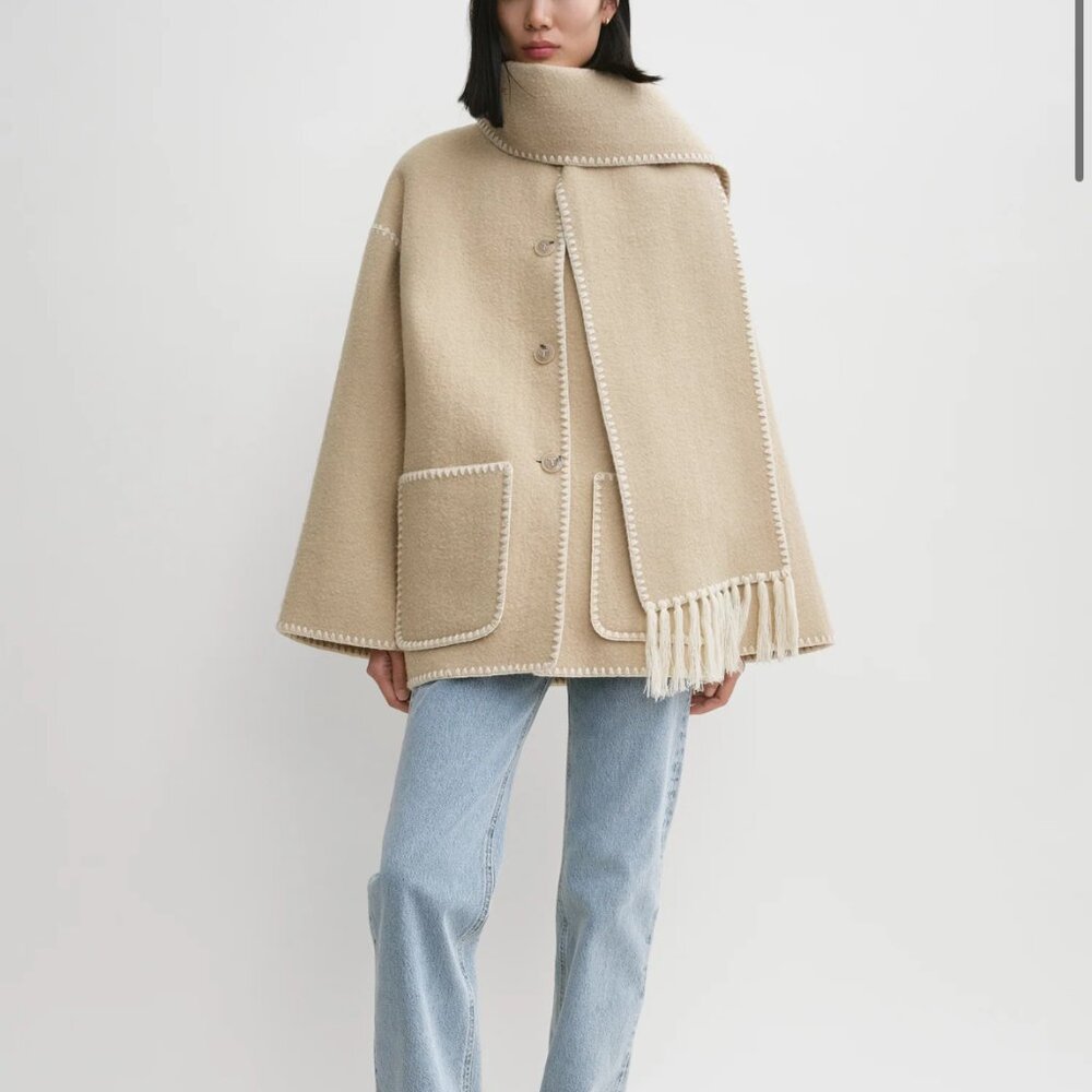 Embroidered Scarf Jacket, Camel